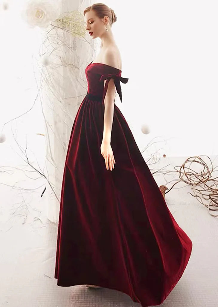 Wholesale Off-the-shoulder Wine Ball gown Velvet Sweetheart A-line Prom Dress